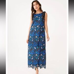 NWT Abbey Glass Michelle Gown, blue daisy floral lace gown, M